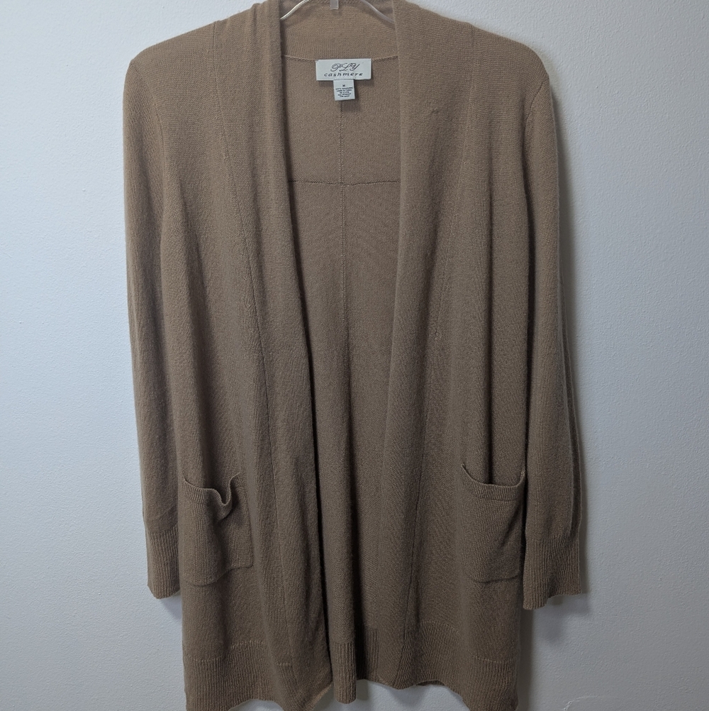 Long Tan Cashmere Cardigan Open Front With Pockets
